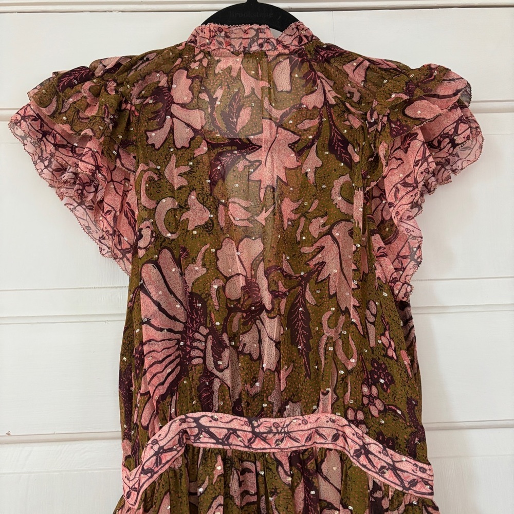 Ulla Johnson RARE Celestia Floral Batik Print Midi Dress Olive Ruffl Silk Size 6 - Picture 15 of 17